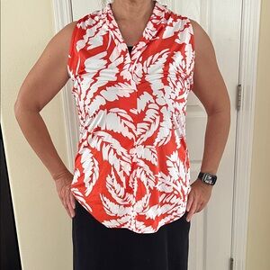 Vibrant Orange and White Leaf Print Sleeveless Blouse